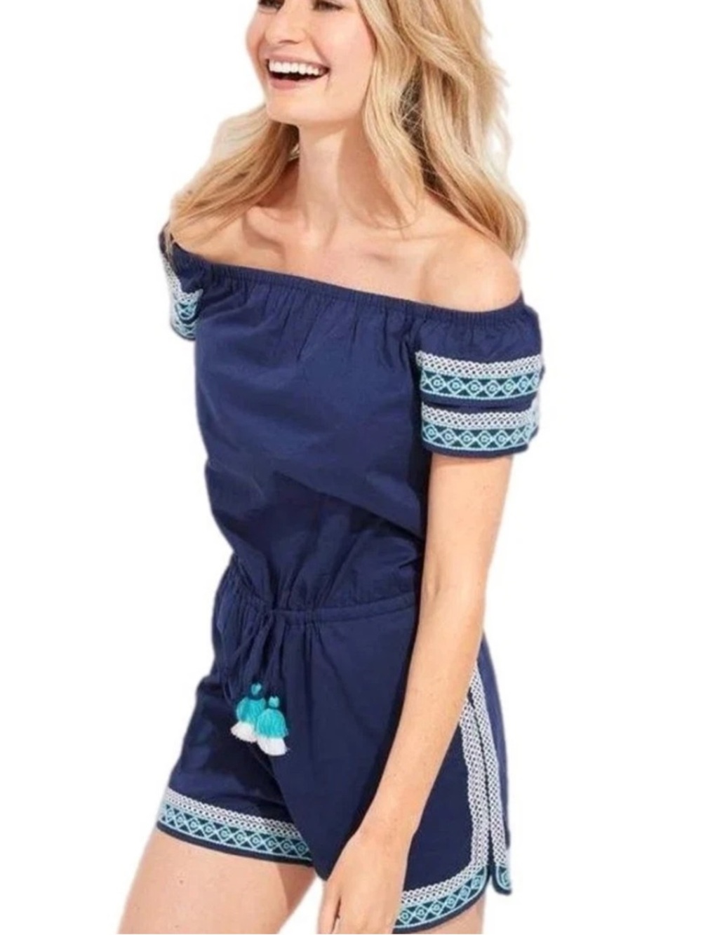 Vineyard Vines Navy Blue Embroidered Off The Shoulder Tassel Romper Size S